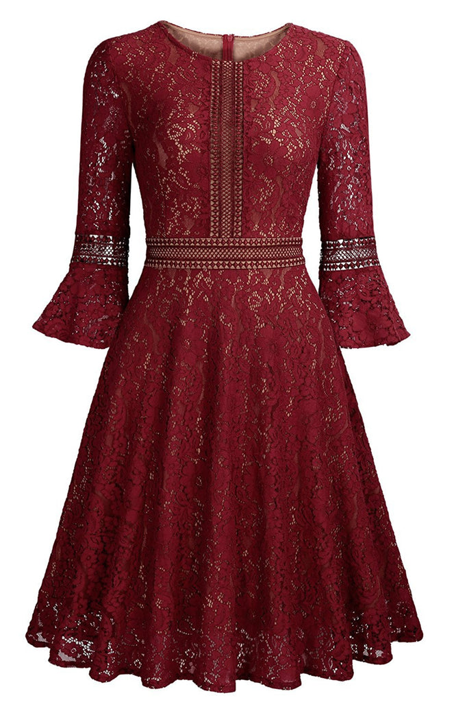 Solid Color Round Neck Lace Slim Dress