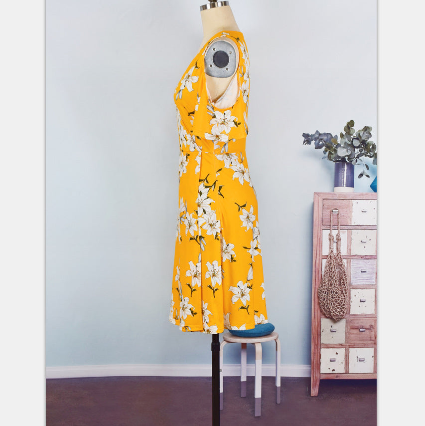 Slim Printing Off-The-Shoulder Ruffled Dress