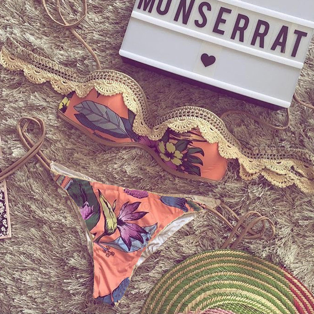 Trend hot sell hand crocheted lace print a one-word shoulder swimsuit sexy two-piece bikini