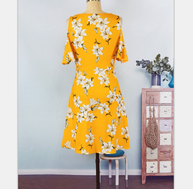 Slim Printing Off-The-Shoulder Ruffled Dress