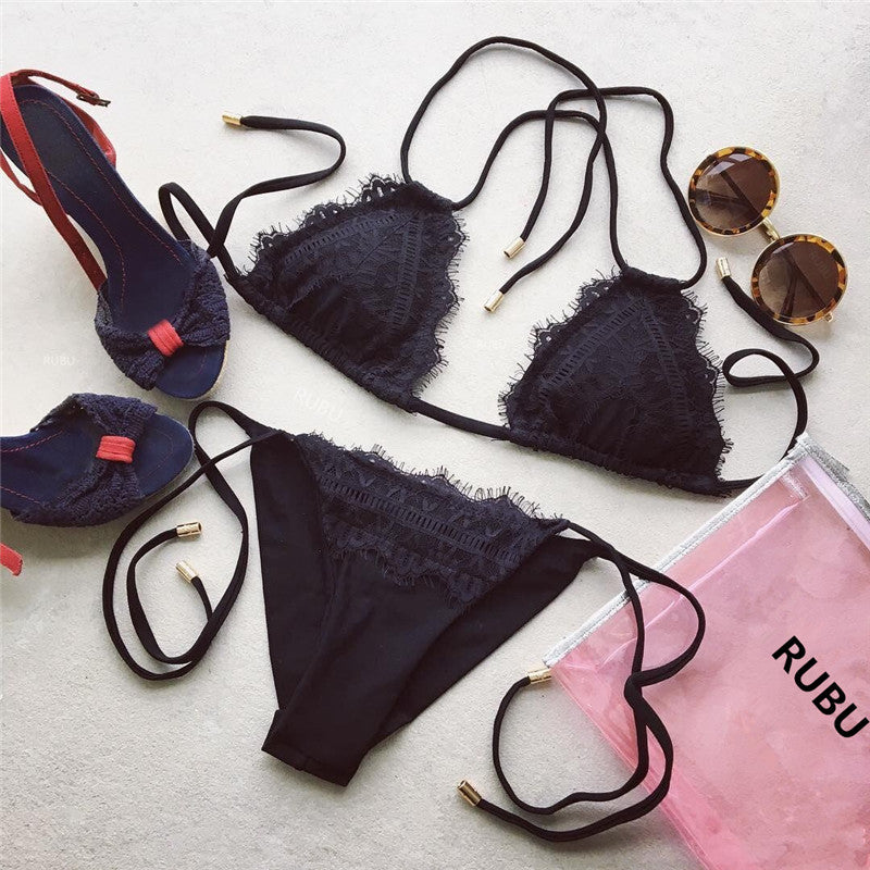 Solid Color Sexy Lace Bikini Swimsuit