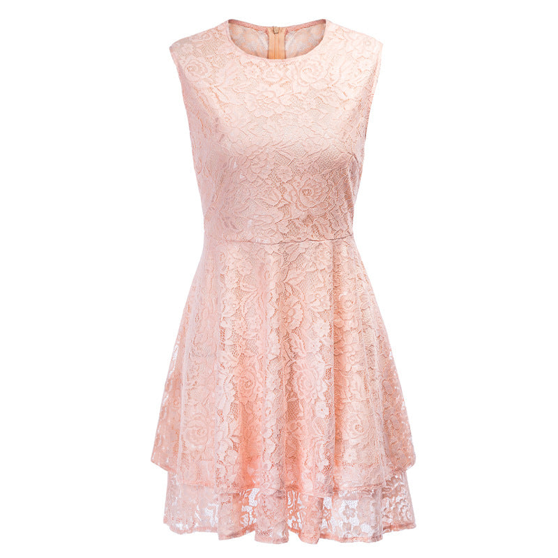 Fashion Solid Color Round Neck Sleeveless Lace Dress