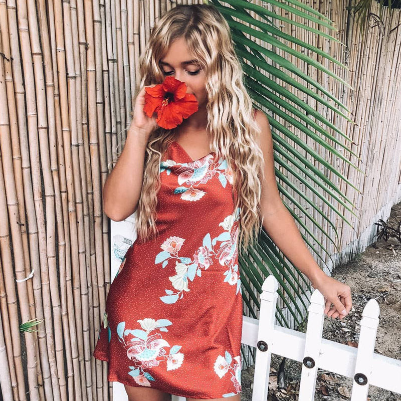 Sexy V-neck Sleeveless Printed Halter Dress