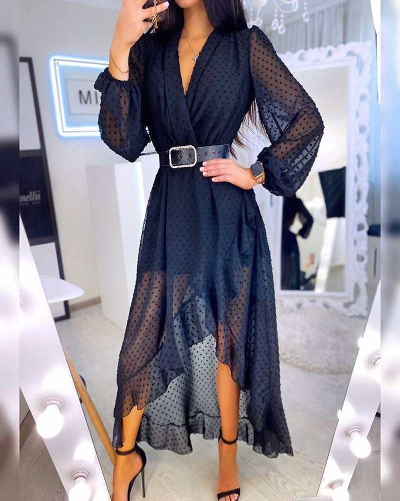 Dark Blue Sexy Flounced Long Sleeve Dress