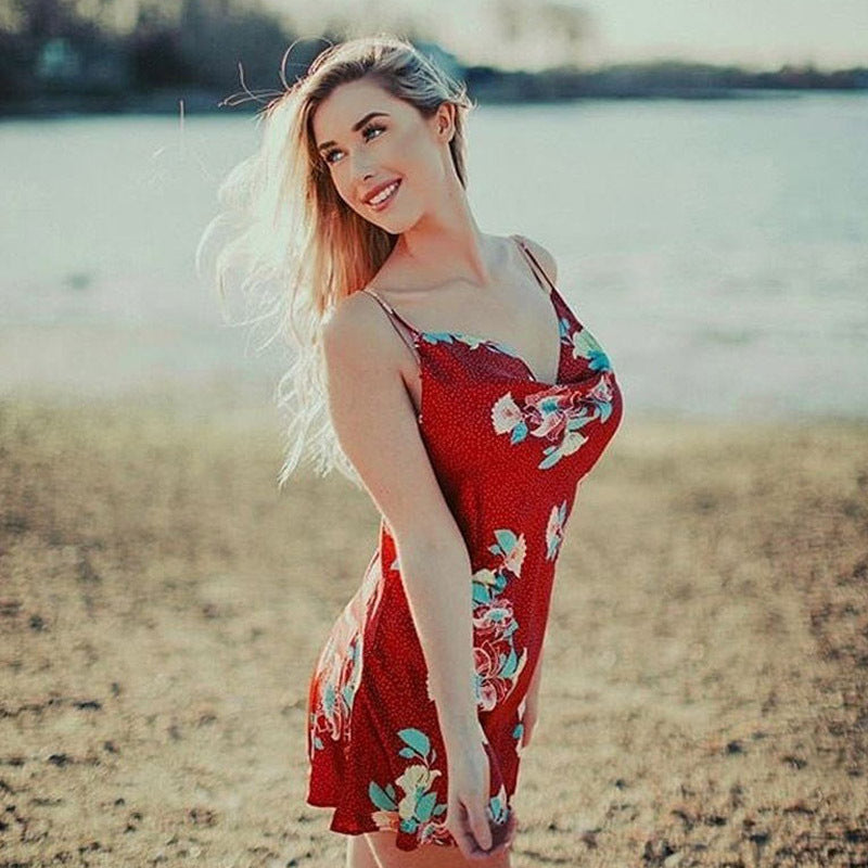Sexy V-neck Sleeveless Printed Halter Dress