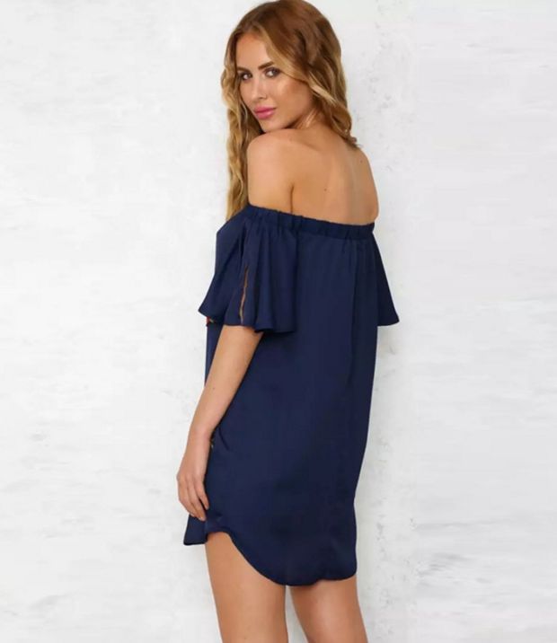 Sexy Fashion Shoulder One Word Floral Embroidery Rose Dress White