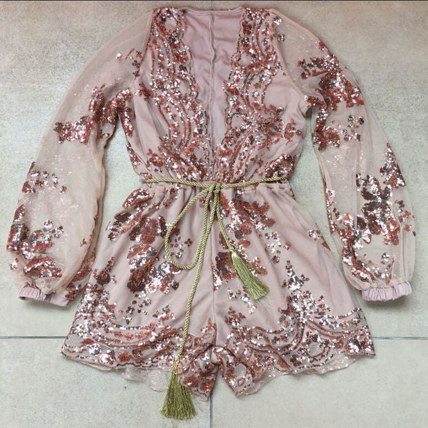 Sequin Deep V-Neck Romper Jumpsuit