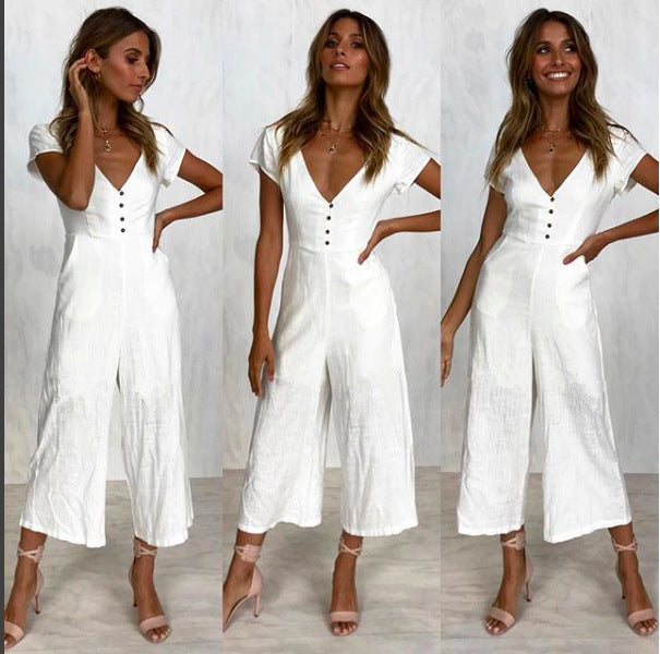Women'S V-Neck Short Sleeve Jumpsuit
