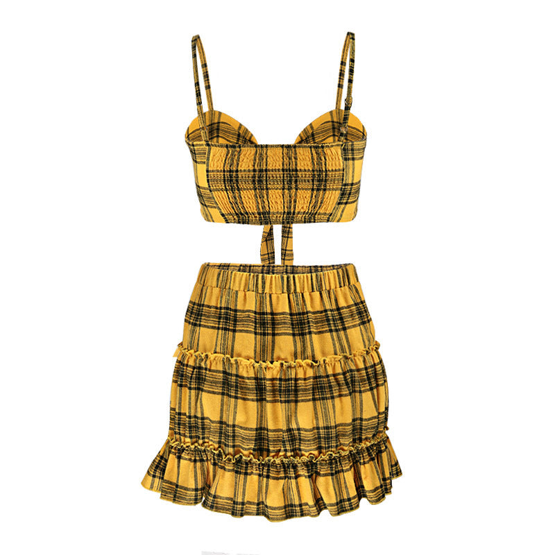 Sexy Plaid Vest Sleeveless Bow Two-piece Set