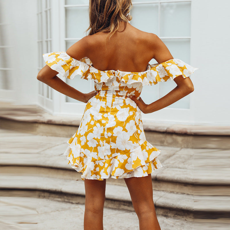 Fashion Sexy Printing Flounced Tube Top Dress
