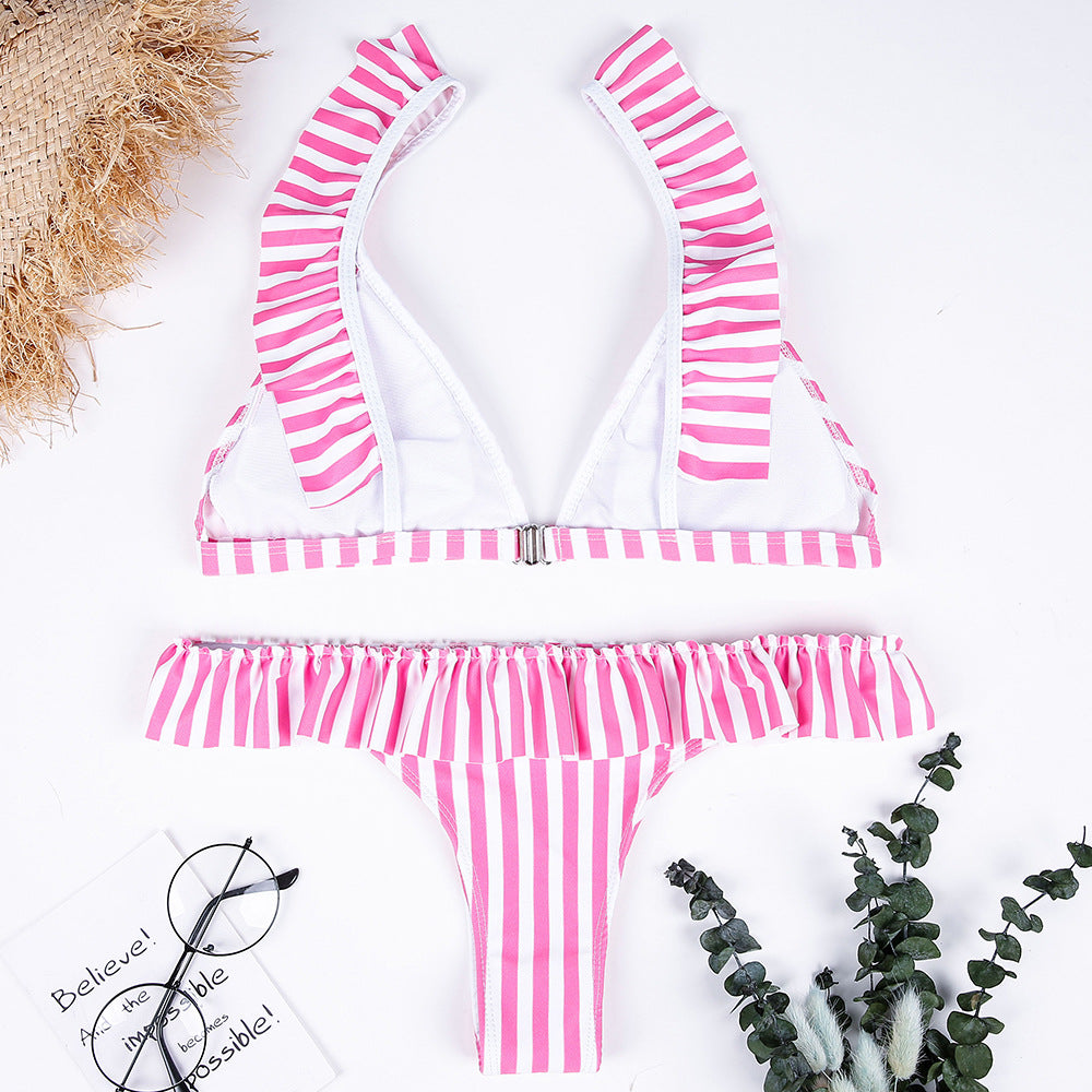 Sexy Ruffled Pink Striped Bikini Split Swimsuit