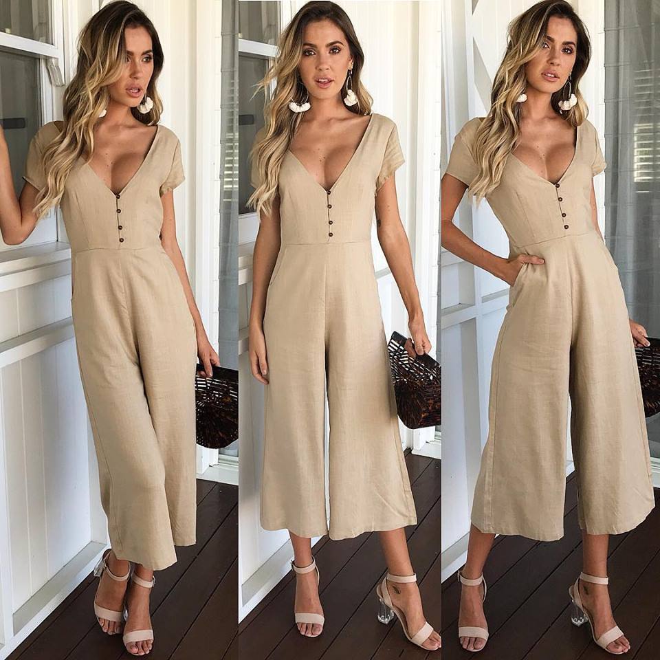 Women'S V-Neck Short Sleeve Jumpsuit