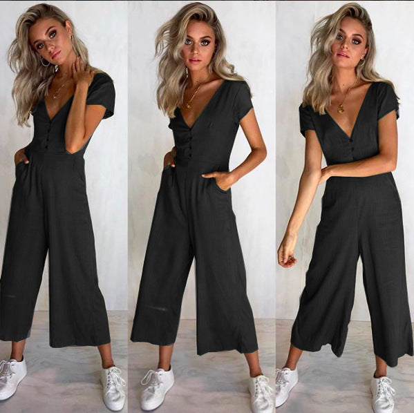 Women'S V-Neck Short Sleeve Jumpsuit