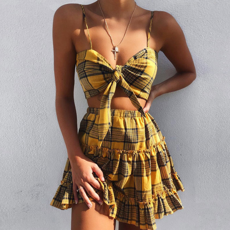 Sexy Plaid Vest Sleeveless Bow Two-piece Set
