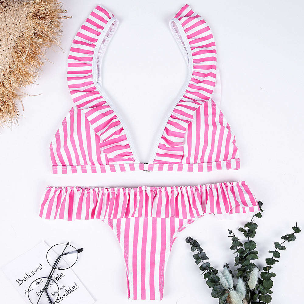 Sexy Ruffled Pink Striped Bikini Split Swimsuit