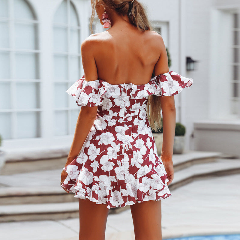 Fashion Sexy Printing Flounced Tube Top Dress