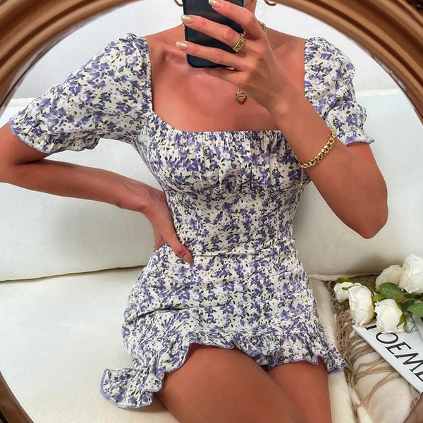 Casual Floral High Waist Short Sleeve Hip Dress