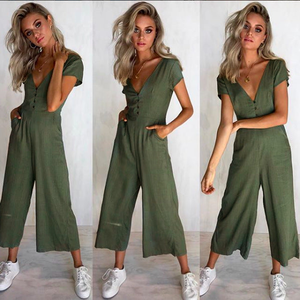 Women'S V-Neck Short Sleeve Jumpsuit