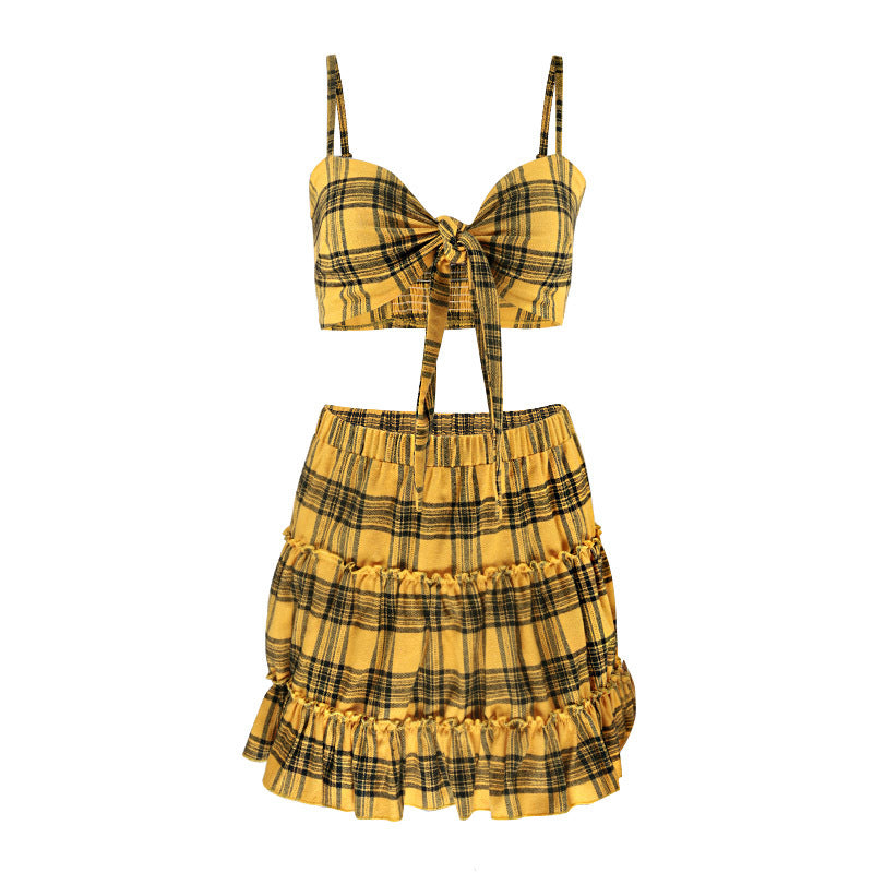 Sexy Plaid Vest Sleeveless Bow Two-piece Set