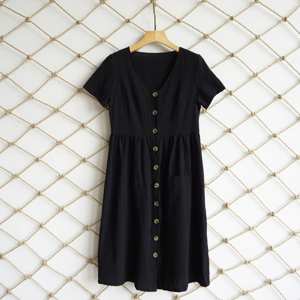 Women'S V-Neck Button Pocket Short-Sleeved Dress