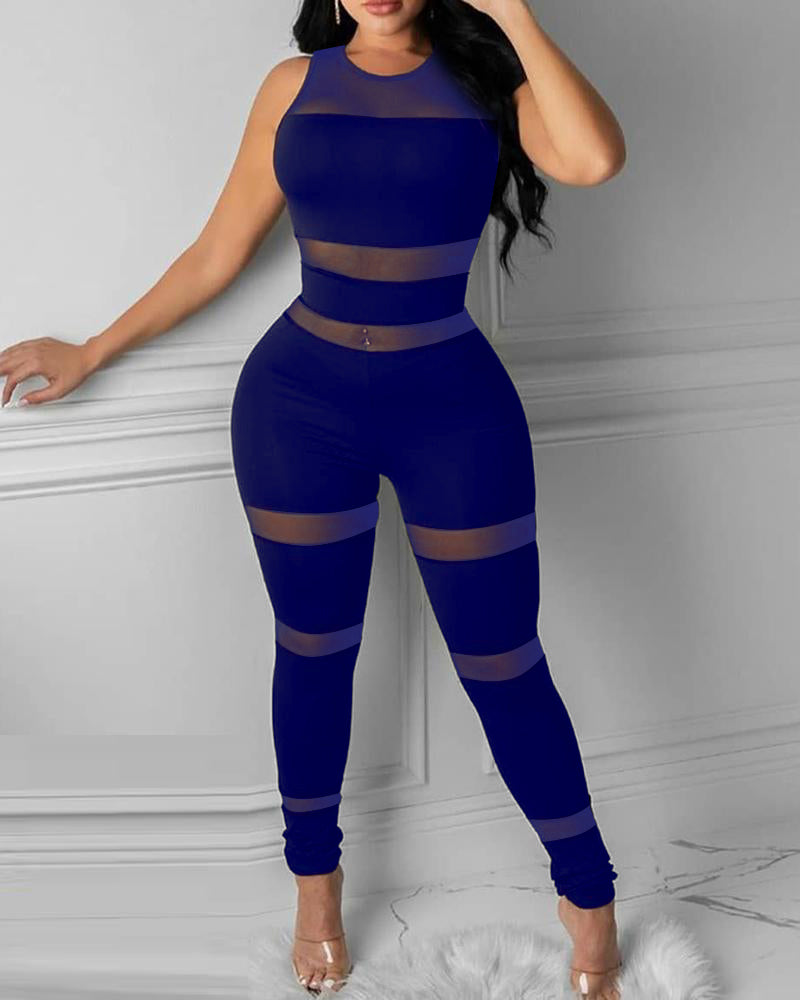 Fashion Mesh Stitching Sleeveless Jumpsuit