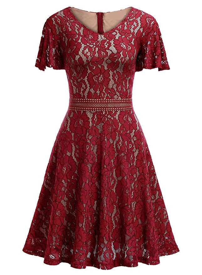 Sexy V-Neck Lace Short-Sleeved Dress