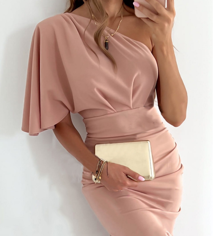 Solid Color Women's Pink One Shoulder Dress