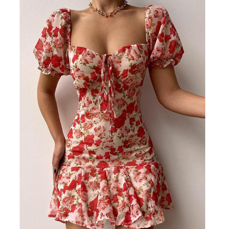 Short Sleeve Red Print Dress