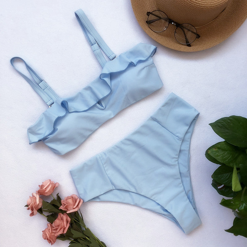 Solid Color Ruffled High Waist Split Bikini Swimsuit