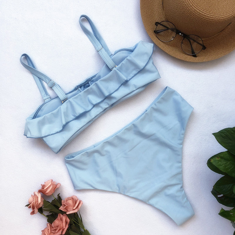 Solid Color Ruffled High Waist Split Bikini Swimsuit