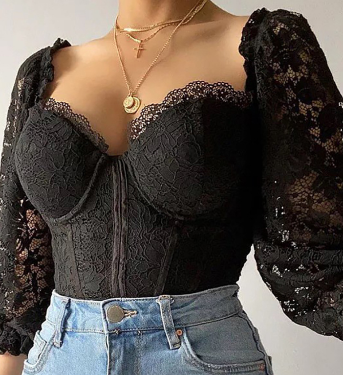 Long Sleeve Black Lace T-Shirt