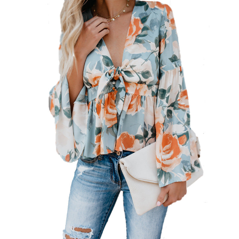 Women's Print Long Sleeve Loose Chiffon V-Neck Shirt