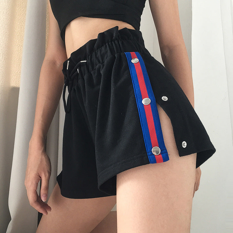 Black Side Button Patchwork Shorts
