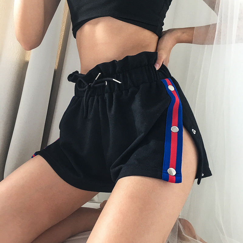 Black Side Button Patchwork Shorts