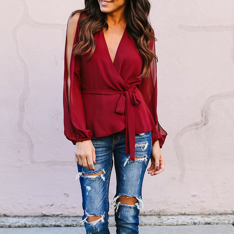 Solid Color V-Neck Slim Off-The-Shoulder Long-Sleeved Chiffon Shirt