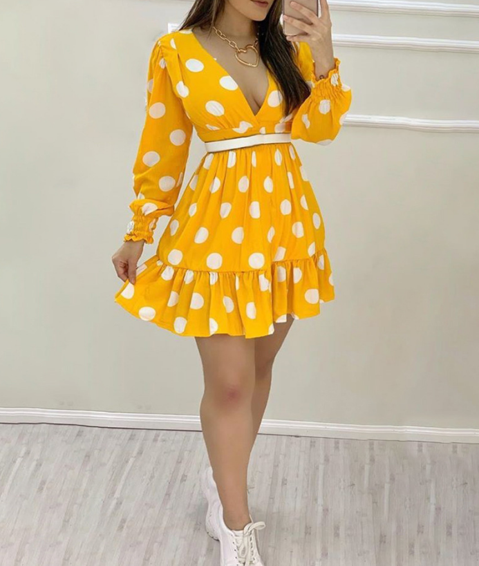 Women's Yellow V-Neck Long Sleeve Dress