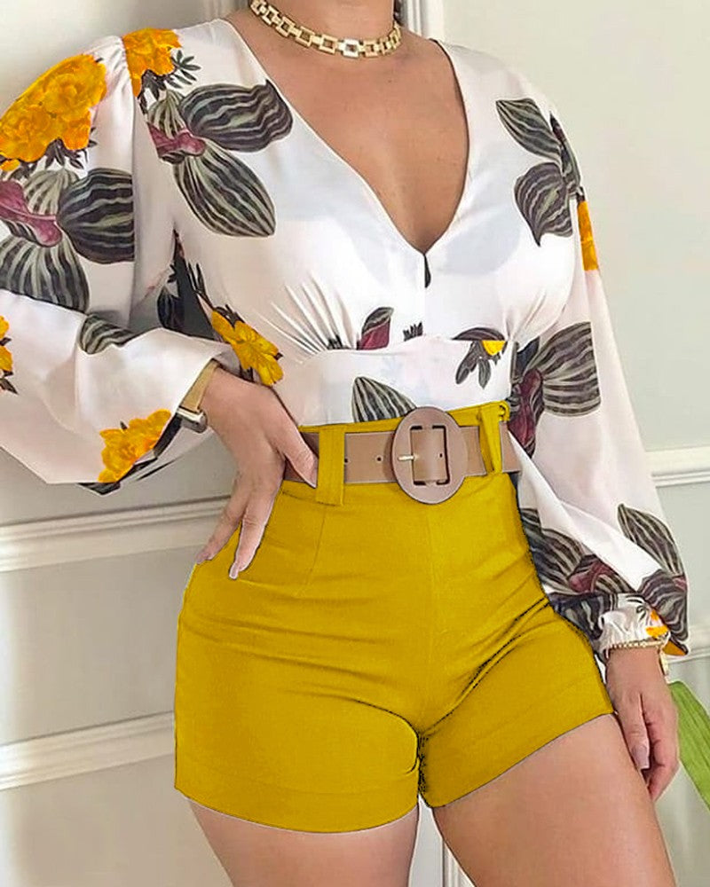 Women Floral Print Long Sleeve V-Neck Casual Two-Piece Set