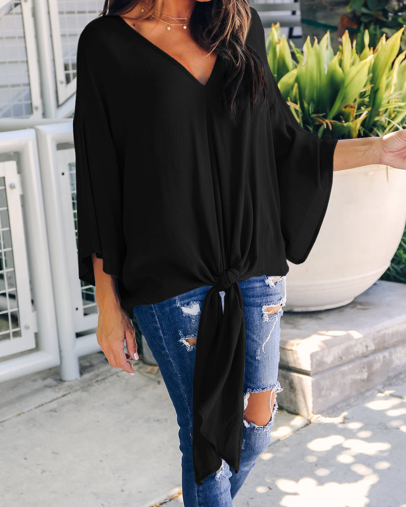Solid Color V-Neck Loose Chiffon Top