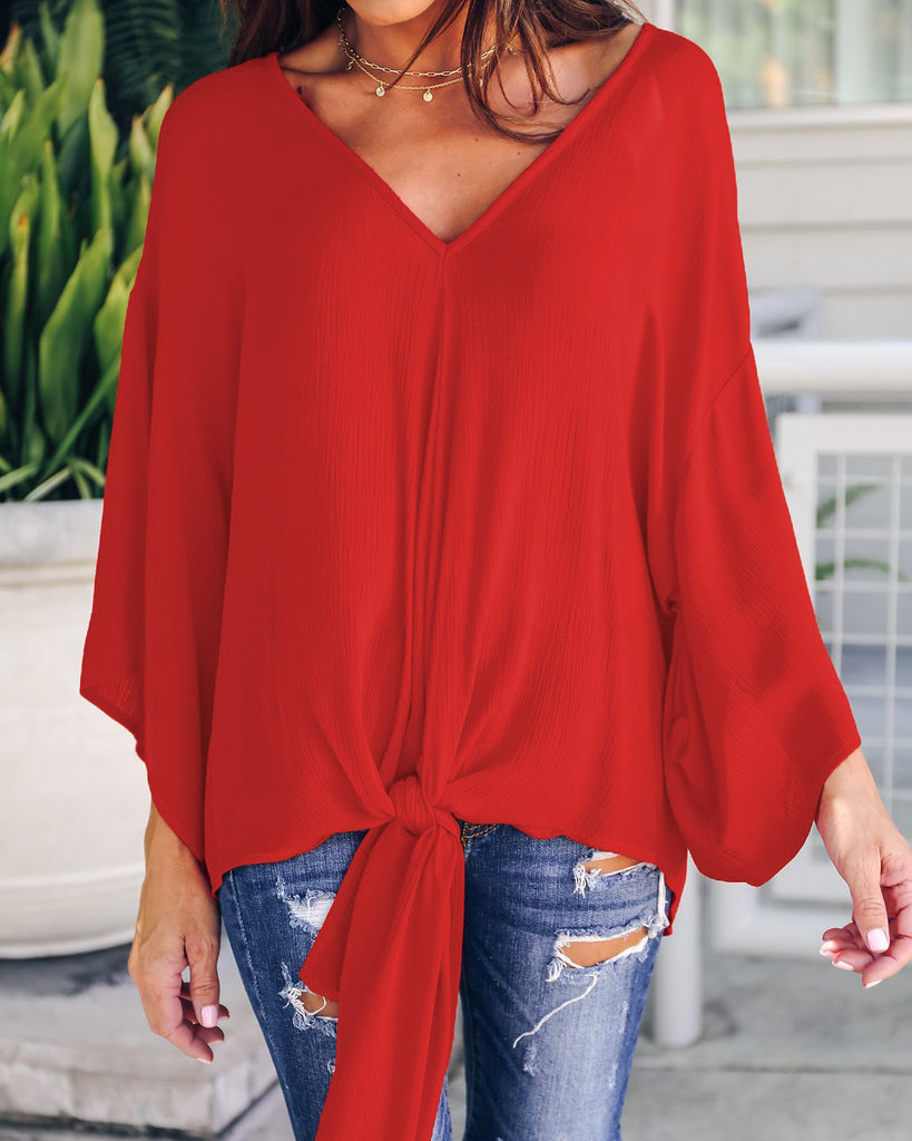 Solid Color V-Neck Loose Chiffon Top