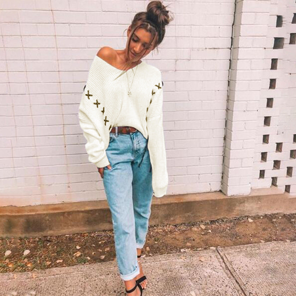 Women'S Fashion V-Neck Loose Long-Sleeved Sweater