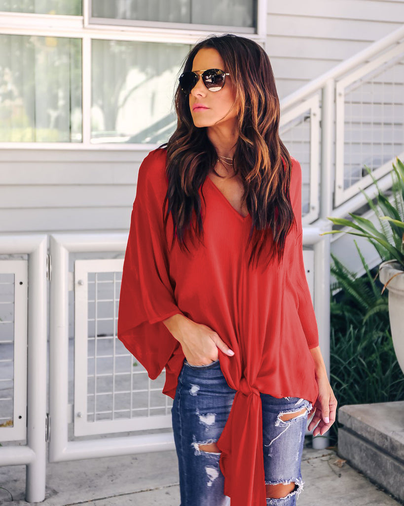 Solid Color V-Neck Loose Chiffon Top