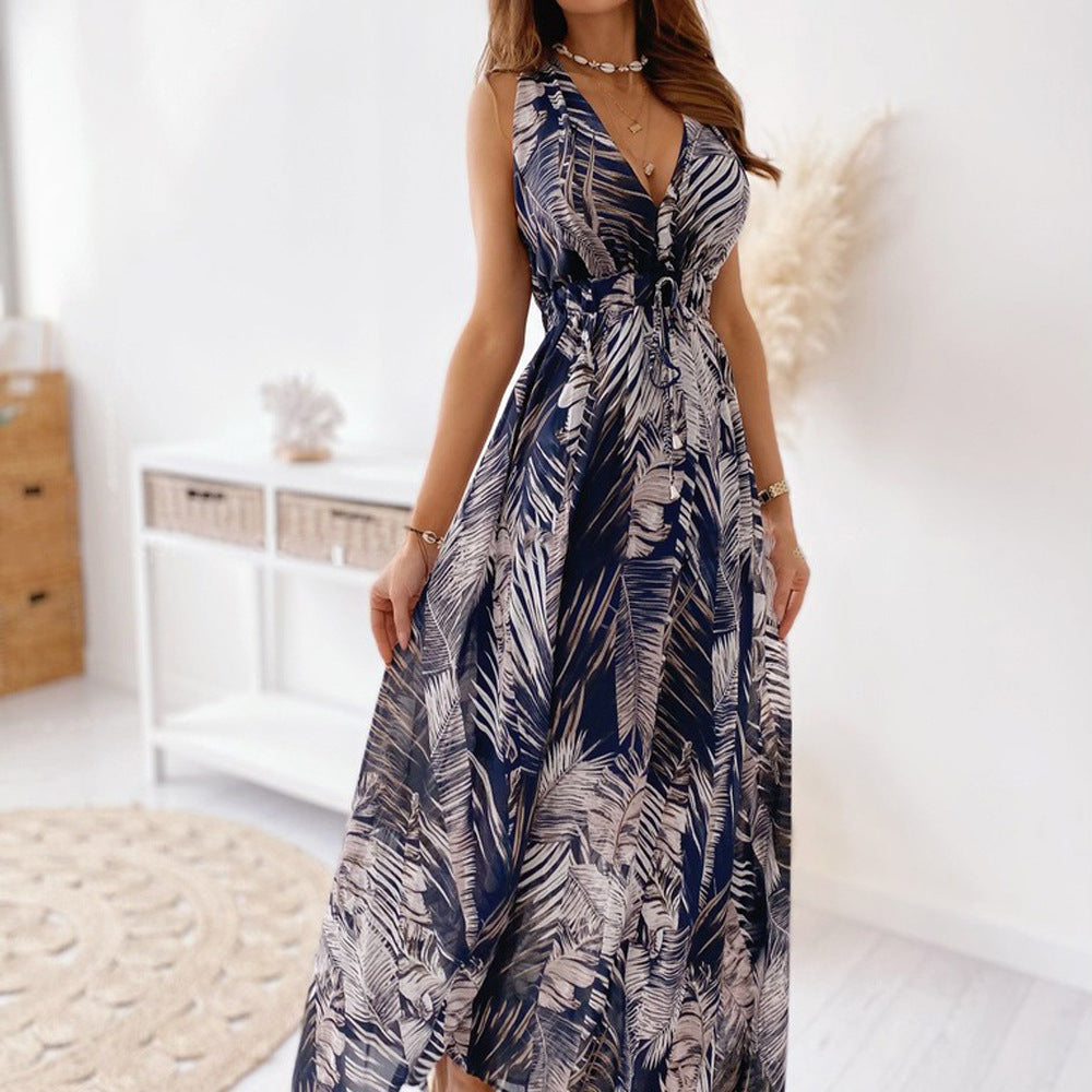 Elegant V-neck Sleeveless Backless Printed Dress