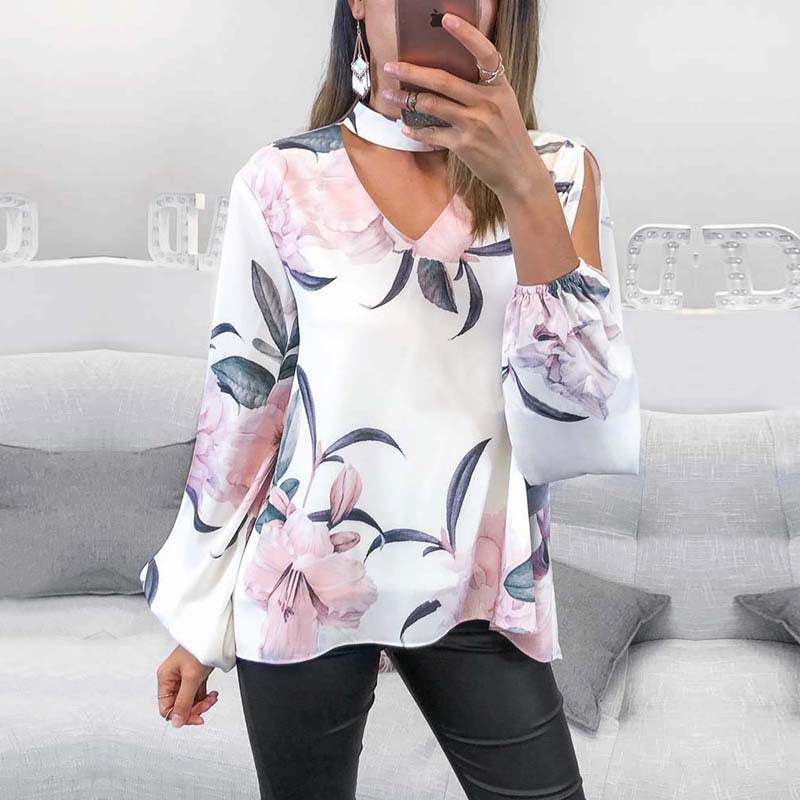Fashion V-Neck Off-Shoulder Long-Sleeved Printed Shirt