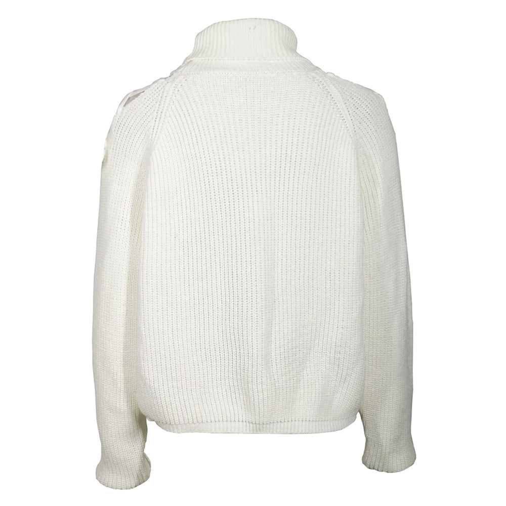 Striped High Neck White Knit Long Sleeve Sweater