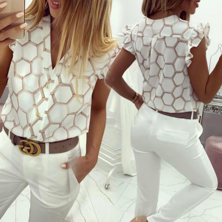 V-Neck Printed Flounced Sleeveless Shirt