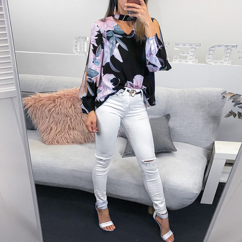 Fashion V-Neck Off-Shoulder Long-Sleeved Printed Shirt