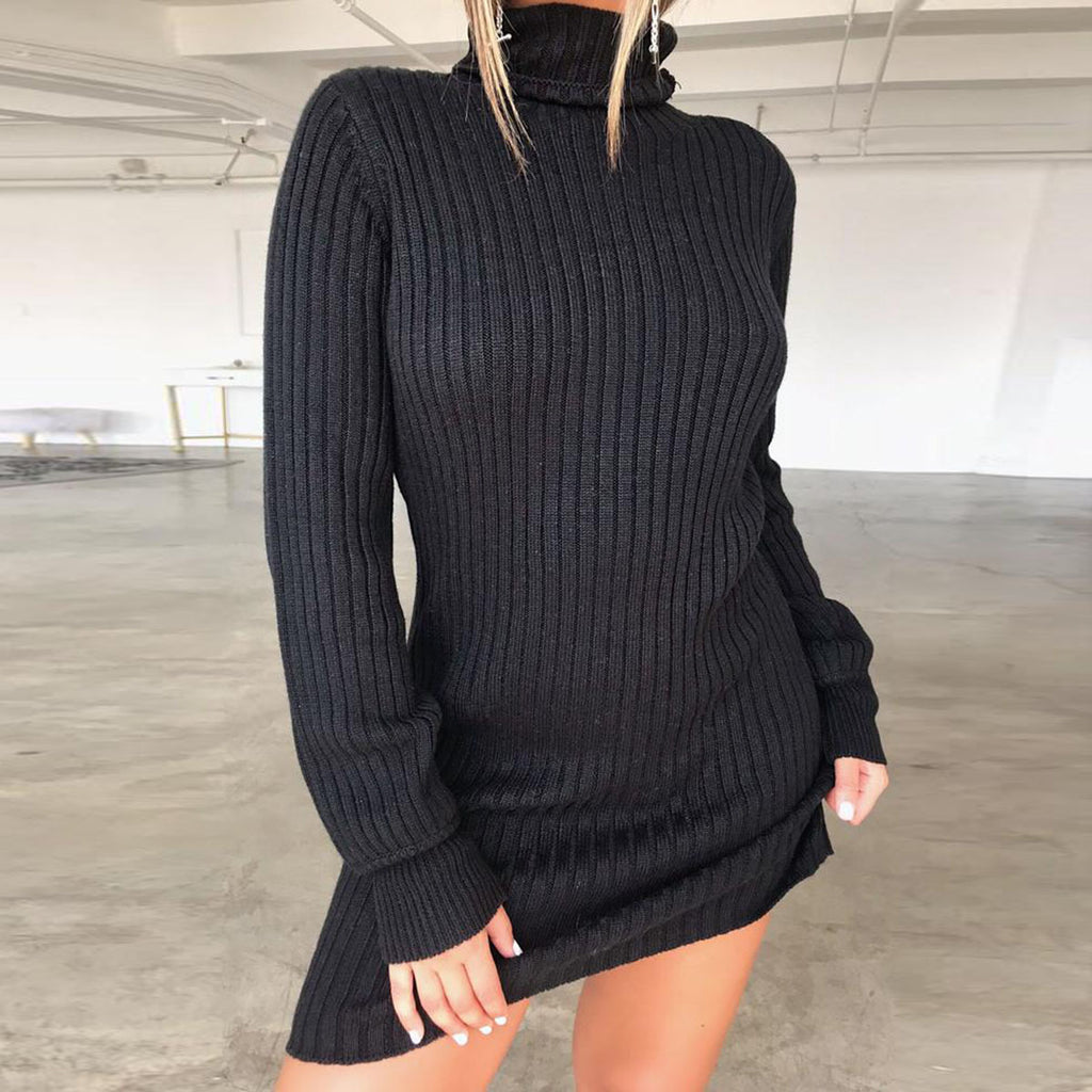 Fashion Solid Color Long-Sleeved High-Neck Bag Hip Dress