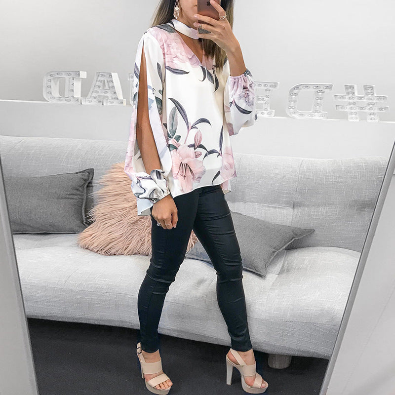 Fashion V-Neck Off-Shoulder Long-Sleeved Printed Shirt