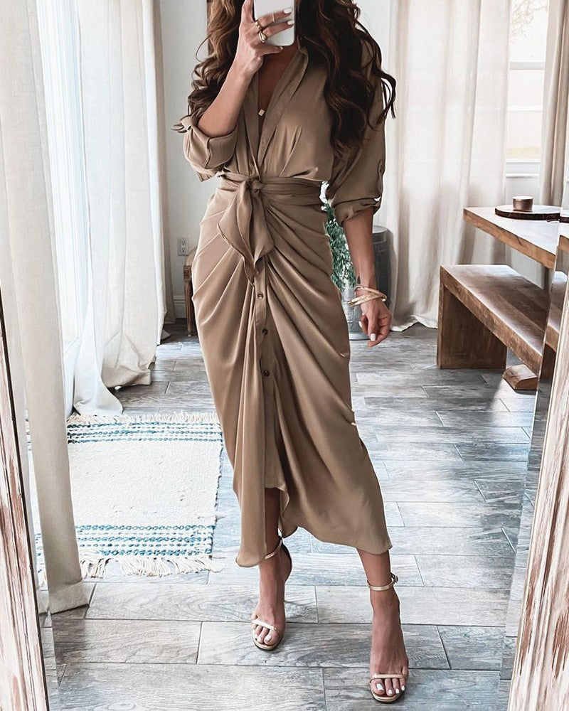 Ladies Long Sleeve V-neck Button Printed Dress