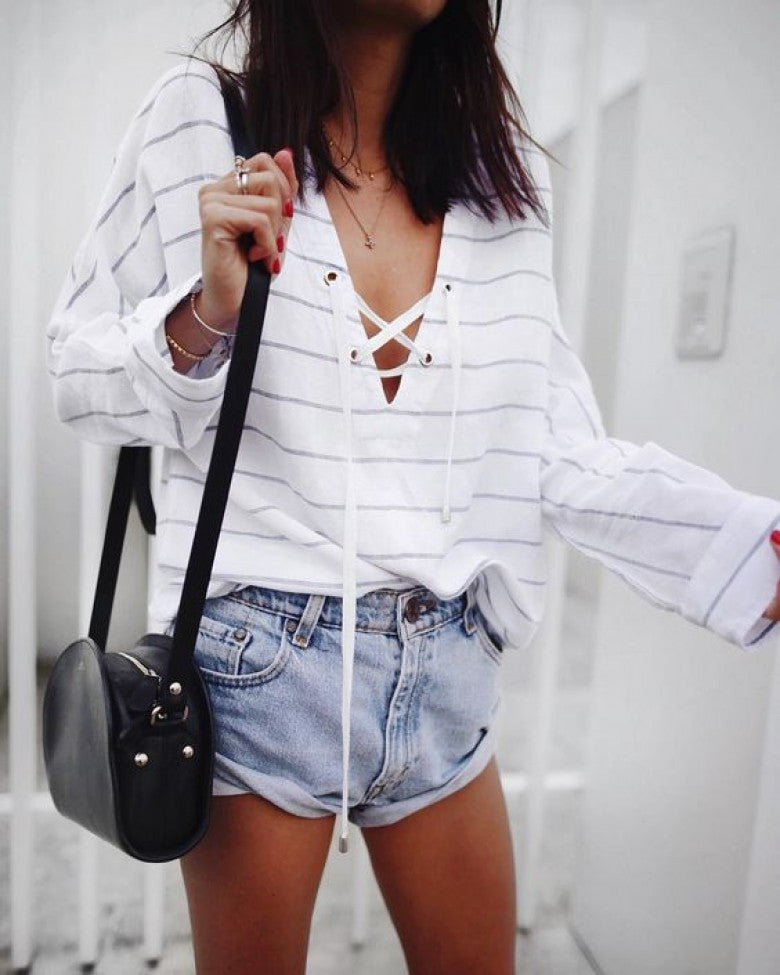 Casual Loose V-Neck Striped Long-Sleeved T-Shirt